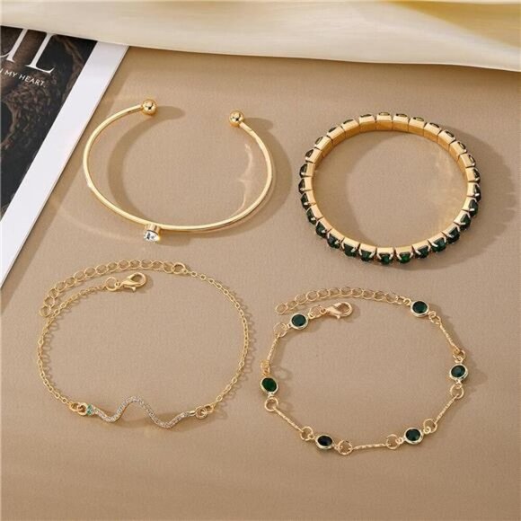 4 Piece Gold Bracelets Set Dainty for Women 14K Plated Link Cubic Zirconia - Picture 5 of 7